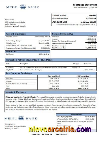 Antigua & Barbuda Meinl Bank mortgage statement